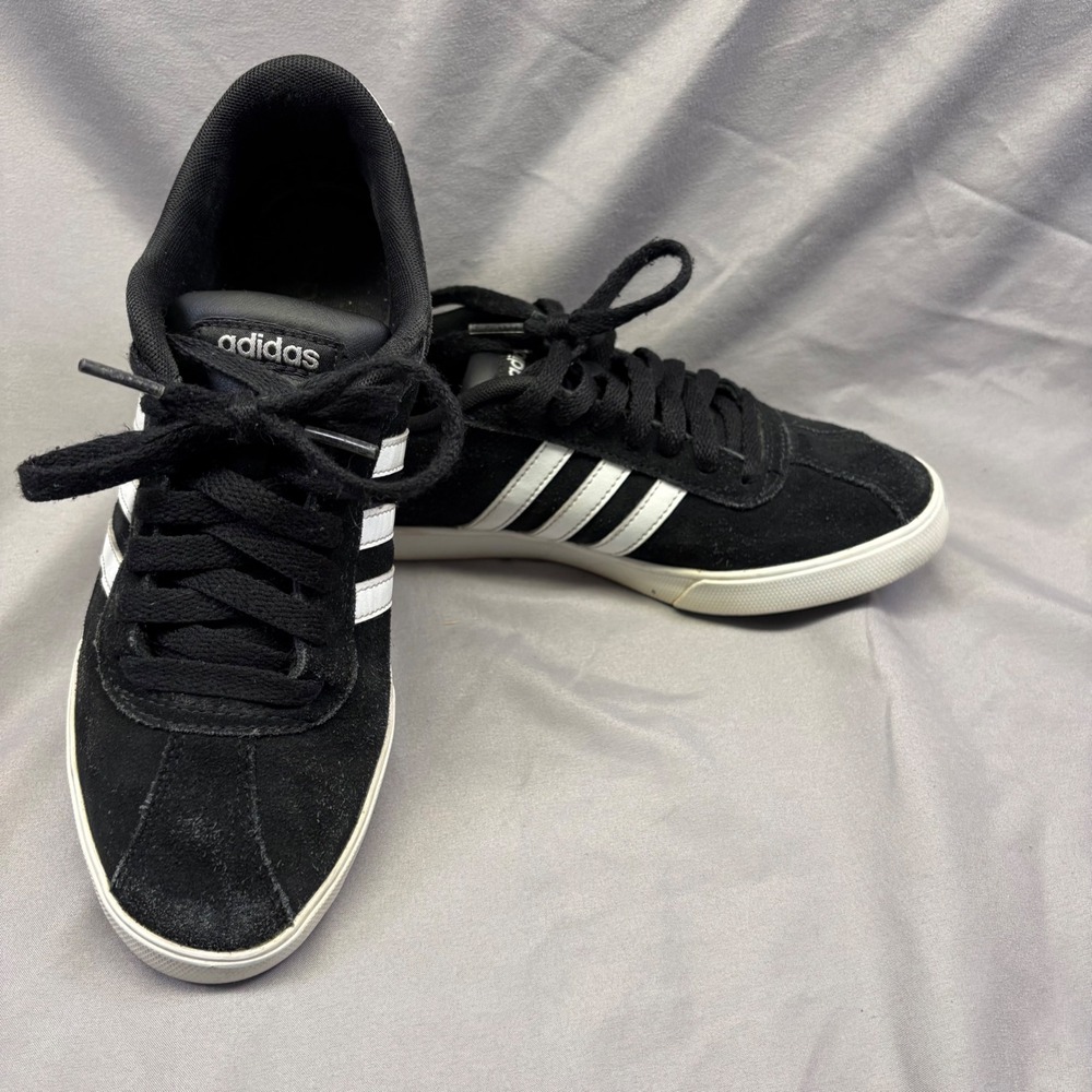 Adidas VL Court 2.0 Black Suede Low Top Sneakers White Stripes Mens 7 Womens 8.5